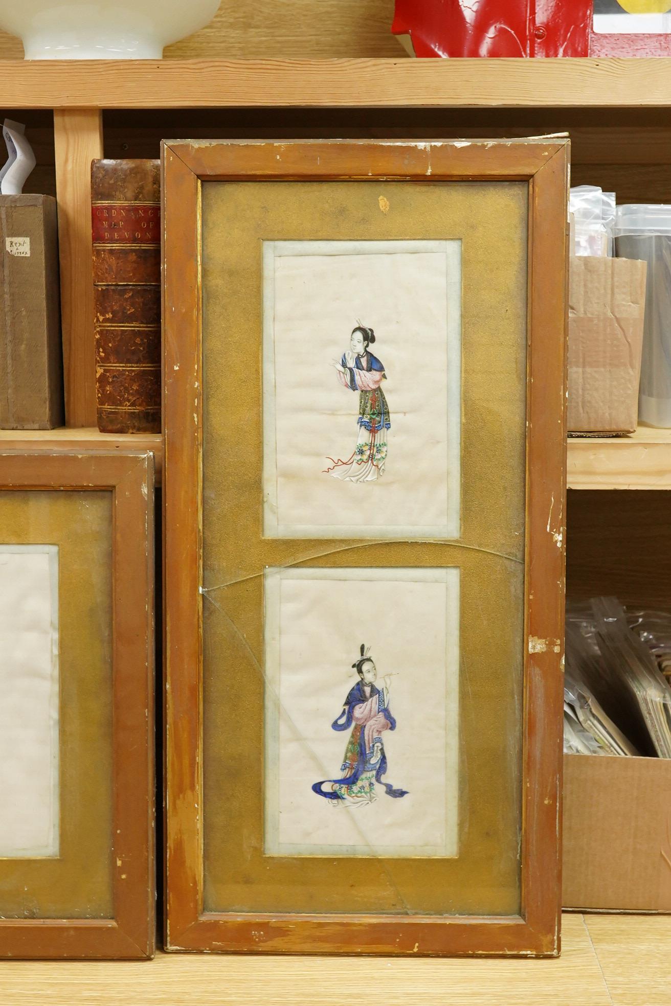Chinese School, 19th century, figural studies, five pith paper paintings, framed as two, 27 x 17cm